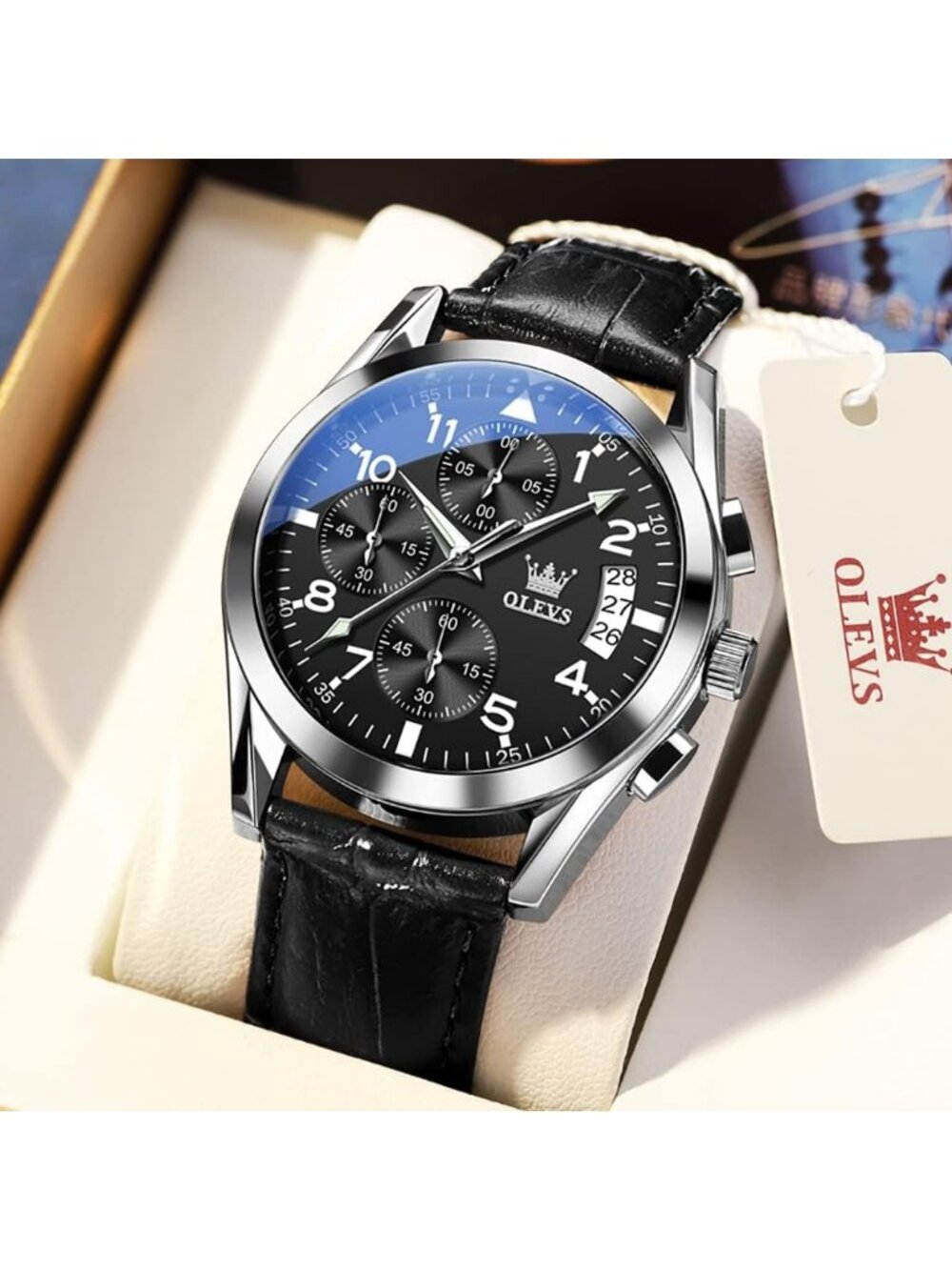 Mens Silver Large Face Black Leather Analog Classic Chronograph Waterproof Watch - Picture 3 of 6